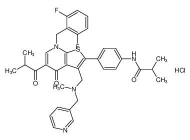 Propanamide,N-[4-[7-[(2,6-difluorophenyl)methyl]-4,7-dihydro-5-(2-methyl-1-oxopropyl)-3-[[methyl(3-pyridinylmethyl)amino]methyl]-4-oxothieno[2,3-b]pyridin-2-yl]phenyl]-2-methyl-, monohydrochloride CAS:192886-76-3 manufacturer & supplier