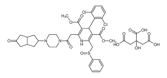 3,5-Pyridinedicarboxylic acid,4-(2,6-dichlorophenyl)-1,4-dihydro-2-[2-[4-(octahydro-5-oxo-2-pentalenyl)-1-piperazinyl]-2-oxoethyl]-6-[(phenylsulfinyl)methyl]-, dimethyl ester,2-hydroxy-1,2,3-propanetricarboxylate (1:1) CAS:195504-01-9 manufa