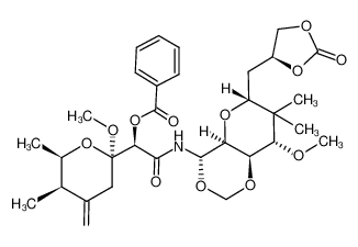 Benzoic acid (R)-((2R,5R,6R)-2-methoxy-5,6-dimethyl-4-methylene-tetrahydro-pyran-2-yl)-[(4S,4aS,6R,8S,8aR)-8-methoxy-7,7-dimethyl-6-((S)-2-oxo-[1,3]dioxolan-4-ylmethyl)-hexahydro-pyrano[3,2-d][1,3]dioxin-4-ylcarbamoyl]-methyl ester CAS:19570