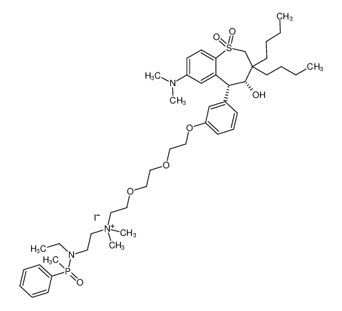 rel-2-(2-(2-(3-((4R,5R)-3,3-dibutyl-7-(dimethylamino)-4-hydroxy-1,1-dioxido-2,3,4,5-tetrahydrobenzo[b]thiepin-5-yl)phenoxy)ethoxy)ethoxy)-N-(2-(ethyl(methyl(phenyl)phosphoryl)amino)ethyl)-N,N-dimethylethan-1-aminium iodide CAS:197373-99-2 ma