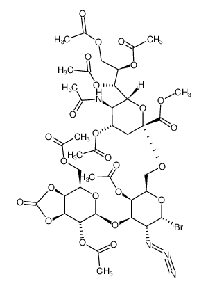 4-acetoxy-2-[3-acetoxy-4-(7-acetoxy-4-acetoxymethyl-2-oxo-tetrahydro-[1,3]dioxolo[4,5-c]pyran-6-yloxy)-5-azido-6-bromo-tetrahydro-pyran-2-ylmethoxy]-5-acetylamino-6-(1,2,3-triacetoxy-propyl)-tetrahydro-pyran-2-carboxylic acid methyl ester CA