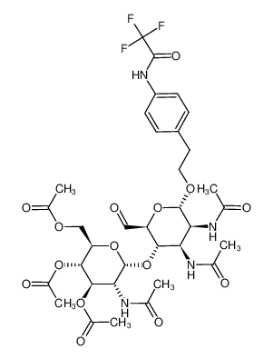 Acetic acid (2R,3S,4R,5R,6S)-3-acetoxy-2-acetoxymethyl-5-acetylamino-6-((2S,3S,4R,5S,6S)-4,5-bis-acetylamino-2-formyl-6-{2-[4-(2,2,2-trifluoro-acetylamino)-phenyl]-ethoxy}-tetrahydro-pyran-3-yloxy)-tetrahydro-pyran-4-yl ester CAS:297733-61-0