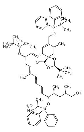 2-tert-butyl-6-[3-(tert-butyl-dimethyl-silanyloxy)-11-(tert-butyl-diphenyl-silanyloxy)-15-hydroxy-2,6,12,14-tetramethyl-pentadeca-1,5,7,9-tetraenyl]-8-(tert-butyl-diphenyl-silanyloxymethyl)-9-methyl-1,3-dioxa-spiro[4.5]dec-7-en-4-one CAS:299