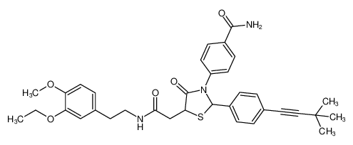 5-Thiazolidineacetamide,3-[4-(aminocarbonyl)phenyl]-2-[4-(3,3-dimethyl-1-butynyl)phenyl]-N-[2-(3-ethoxy-4-methoxyphenyl)ethyl]-4-oxo- CAS:396083-97-9 manufacturer & supplier