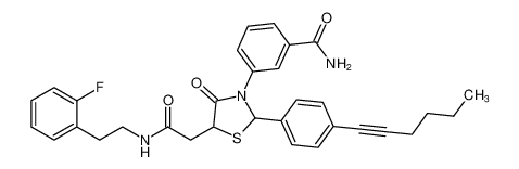 3-(5-(2-((2-fluorophenethyl)amino)-2-oxoethyl)-2-(4-(hex-1-yn-1-yl)phenyl)-4-oxothiazolidin-3-yl)benzamide CAS:396084-57-4 manufacturer & supplier