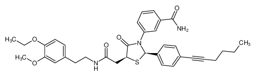 5-Thiazolidineacetamide,3-[3-(aminocarbonyl)phenyl]-N-[2-(4-ethoxy-3-methoxyphenyl)ethyl]-2-[4-(1-hexynyl)phenyl]-4-oxo-, (2R,5S)-rel- CAS:396088-07-6 manufacturer & supplier