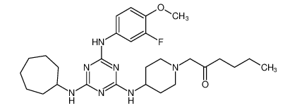 1-(4-((4-(cycloheptylamino)-6-((3-fluoro-4-methoxyphenyl)amino)-1,3,5-triazin-2-yl)amino)piperidin-1-yl)hexan-2-one CAS:676357-06-5 manufacturer & supplier