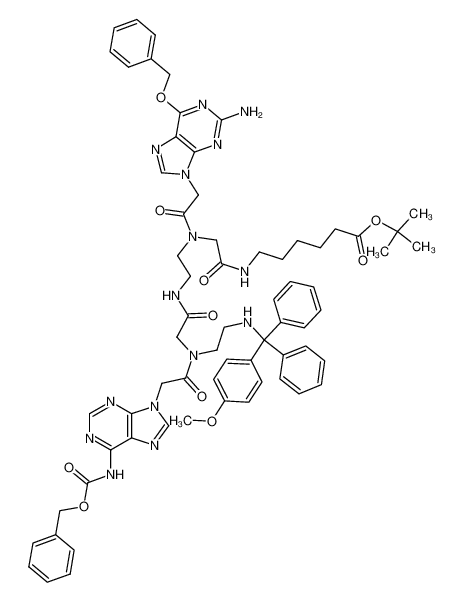 6-{2-[[2-(2-Amino-6-benzyloxy-purin-9-yl)-acetyl]-(2-{2-[[2-(6-benzyloxycarbonylamino-purin-9-yl)-acetyl]-(2-{[(4-methoxy-phenyl)-diphenyl-methyl]-amino}-ethyl)-amino]-acetylamino}-ethyl)-amino]-acetylamino}-hexanoic acid tert-butyl ester CA