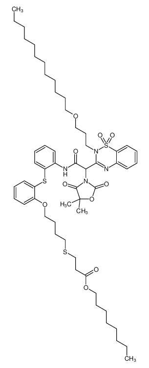 octyl 3-((4-(2-((2-(2-(5,5-dimethyl-2,4-dioxooxazolidin-3-yl)-2-(2-(3-(dodecyloxy)propyl)-1,1-dioxido-2H-benzo[e][1,2,4]thiadiazin-3-yl)acetamido)phenyl)thio)phenoxy)butyl)thio)propanoate CAS:680609-55-6 manufacturer & supplier