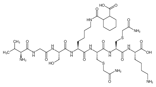 (2S,5R,8R,11S,14S,20S)-20-amino-5,8-bis(((2-amino-2-oxoethyl)thio)methyl)-2-(4-aminobutyl)-11-(4-(2-carboxycyclohexane-1-carboxamido)butyl)-14-(hydroxymethyl)-21-methyl-4,7,10,13,16,19-hexaoxo-3,6,9,12,15,18-hexaazadocosanoic acid CAS:690198