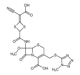 (6R)-7t-[4-((Ξa)-carboxy-cyano-methylene)-[1,3]dithietane-2-carbonylamino]-7c-methoxy-3-(1-methyl-1H-tetrazol-5-ylsulfanylmethyl)-8-oxo-(6rH)-5-thia-1-aza-bicyclo[4.2.0]oct-2-ene-2-carboxylic acid CAS:69712-58-9 manufacturer & supplier