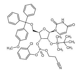 Phosphoric acid (2R,3R,4R,5R)-4-(tert-butyl-dimethyl-silanyloxy)-5-(2,4-dioxo-3,4-dihydro-2H-pyrimidin-1-yl)-2-[(4-methoxy-phenyl)-diphenyl-methoxymethyl]-tetrahydro-furan-3-yl ester 2-chloro-phenyl ester 2-cyano-ethyl ester CAS:79537-01-2 m