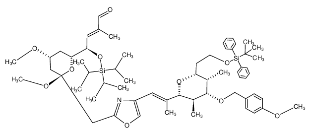 4-[6-(4-{2-[6-[2-(tert-butyl-diphenyl-silanyloxy)-ethyl]-4-(4-methoxy-benzyloxy)-3,5-dimethyl-tetrahydro-pyran-2-yl]-propenyl}-oxazol-2-ylmethyl)-4,6-dimethoxy-tetrahydro-pyran-2-yl]-2-methyl-4-triisopropylsilanyloxy-but-2-enal CAS:797035-82