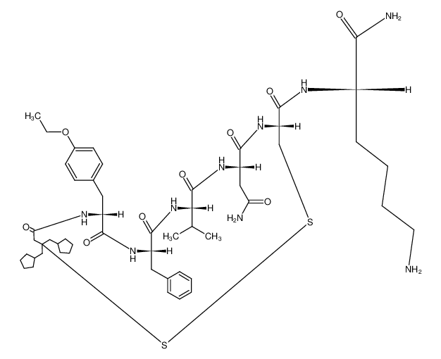 (4R,7S,10S,13S,16R)-13-Benzyl-7-carbamoylmethyl-20,20-bis-cyclopentylmethyl-16-(4-ethoxy-benzyl)-10-isopropyl-6,9,12,15,18-pentaoxo-1,2-dithia-5,8,11,14,17-pentaaza-cycloicosane-4-carboxylic acid ((S)-5-amino-1-carbamoyl-pentyl)-amide CAS:98